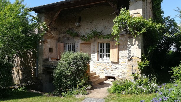 Una rustica casa in pietra con una scala in legno che conduce a una porta, circondata da vegetazione lussureggiante e piante fiorite.