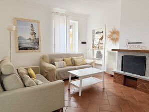 Televisión, chimenea y libros 