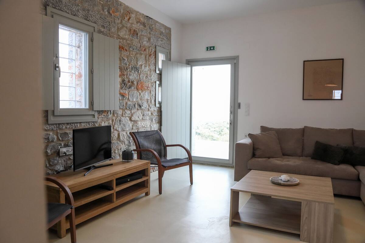 Un salon avec un mur en pierre, un téléviseur, un meuble de rangement en bois, un fauteuil en cuir, un canapé marron et une table basse.
