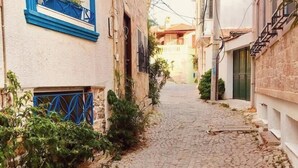 A cobblestone alleyway between buildings with a blue window frame and a metal gate. - Kelebek Ayvalık (Ayvalik)