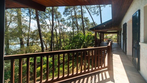 A covered outdoor area with a wooden railing, a stone floor, and a view of a forest and water. - Villa LE MENEZ for 10 persons with view on the marine lake (SOORTS HOSSEGOR)