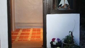 Una puerta de madera con un pequeño ventanal, un felpudo y plantas en macetas afuera.