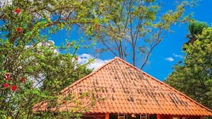 A rustic wooden building with a tiled roof, a mural on the front wall, and a stone pathway leading to it. - Pousada Chapada dos Veadeiros (Alto Paraíso de Goiás)