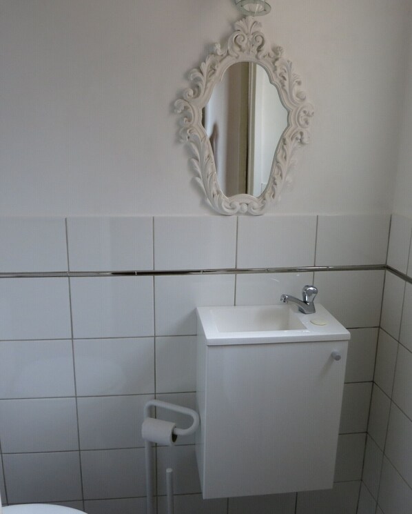 A bathroom with a white sink, a mirror with an ornate frame, and a toilet with a roll of toilet paper.