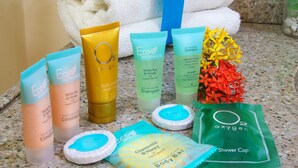 Un meuble-lavabo de salle de bain avec divers produits de toilette, notamment une lotion pour le corps, un shampooing et un bonnet de douche.