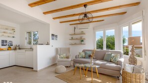 A spacious living area with a kitchen, a sofa set, and a dining table.
