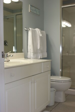 Combined shower/tub, hair dryer, towels