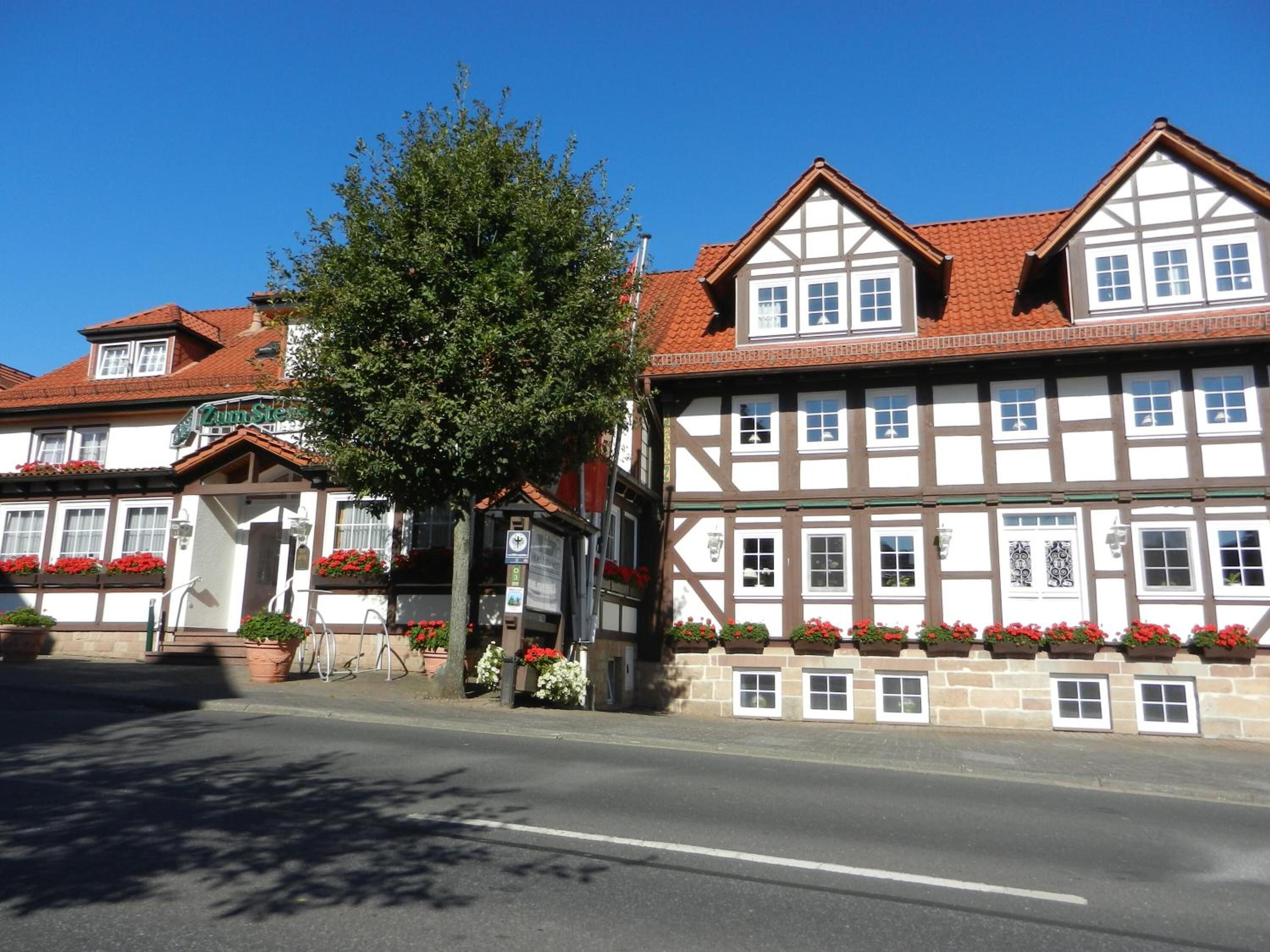 Ein traditionelles Fachwerkhäuschen mit rotem Ziegeldach, einem kleinen Laden im Erdgeschoss und Blumenkästen an der Fassade.