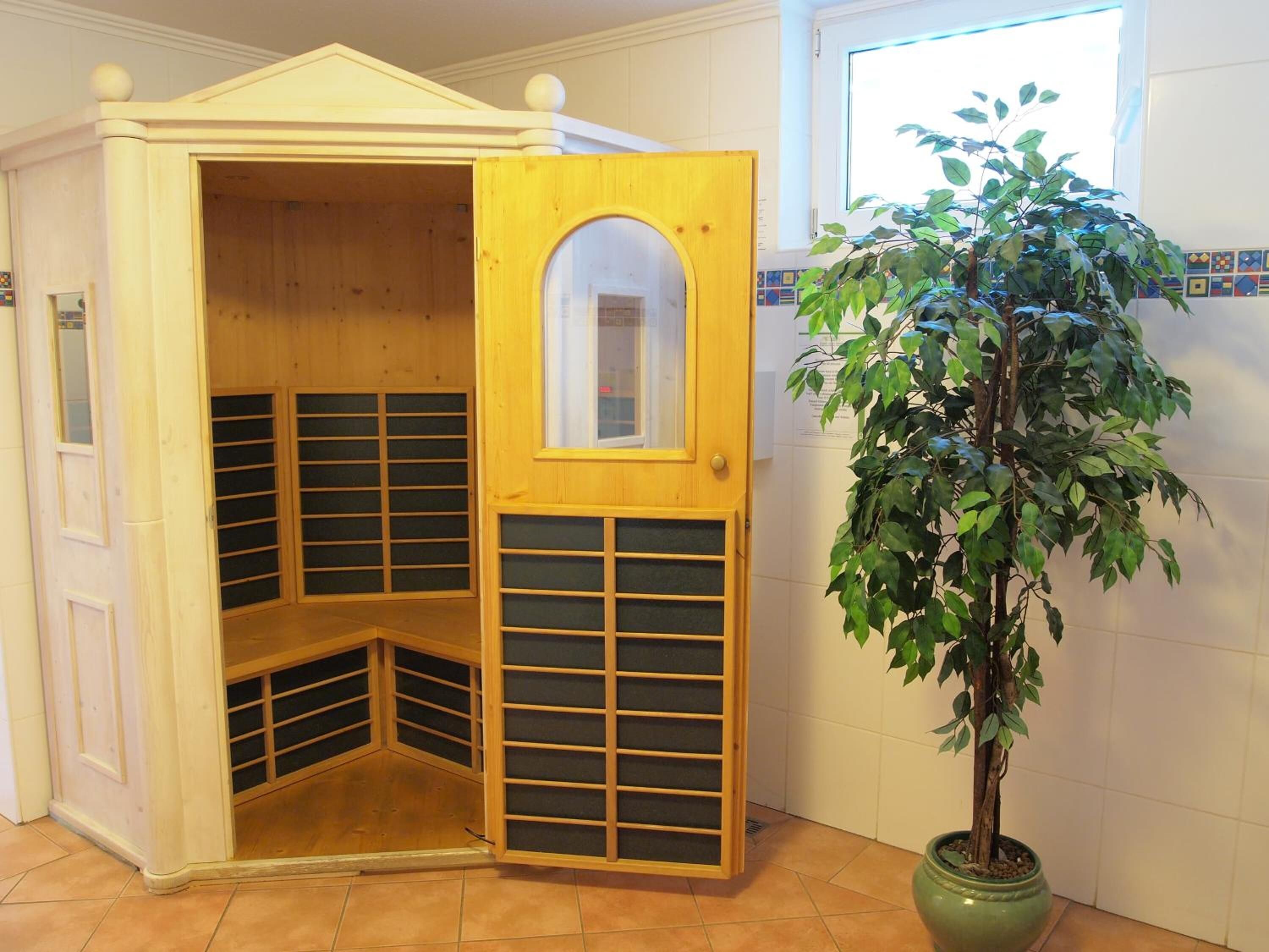Una habitación de esquina con puerta de madera, ventana y una planta en maceta.