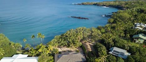 A coastal property with a house surrounded by lush greenery and a view of the ocean.