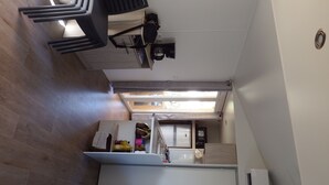 A compact kitchen with a refrigerator, sink, and a small countertop. - mobile home 2018 with terrace (Argelès-sur-Mer)