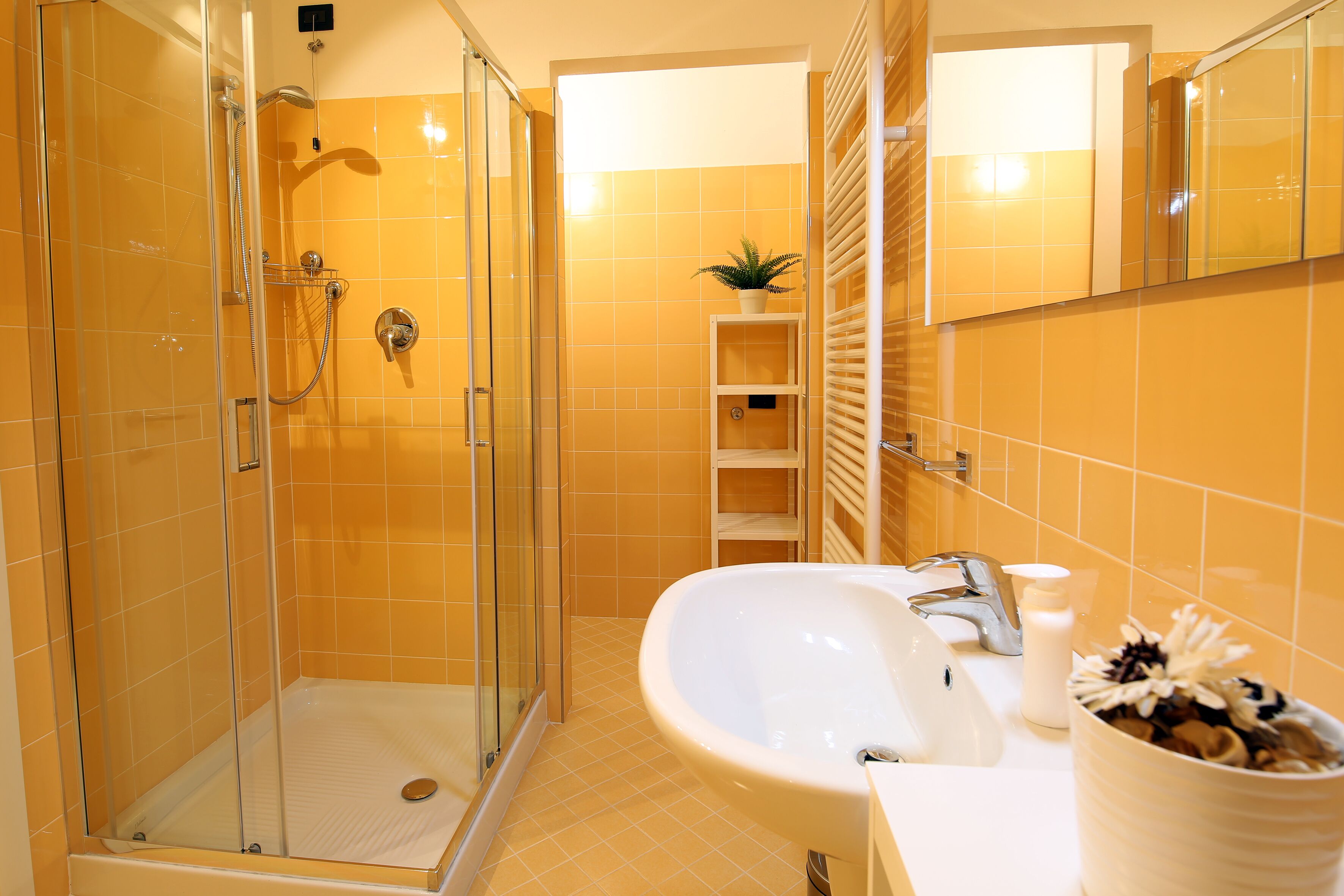Een badkamer met een douche met glazen wand, een witte wastafel en een spiegel.