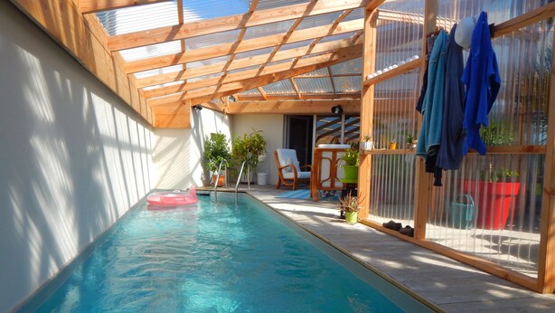 Une piscine intérieure dotée d’un plafond en bois et de murs en verre, entourée de plantes en pot et d’un espace salon.