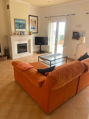 Téléviseur, foyer, lecteur de DVD, livres