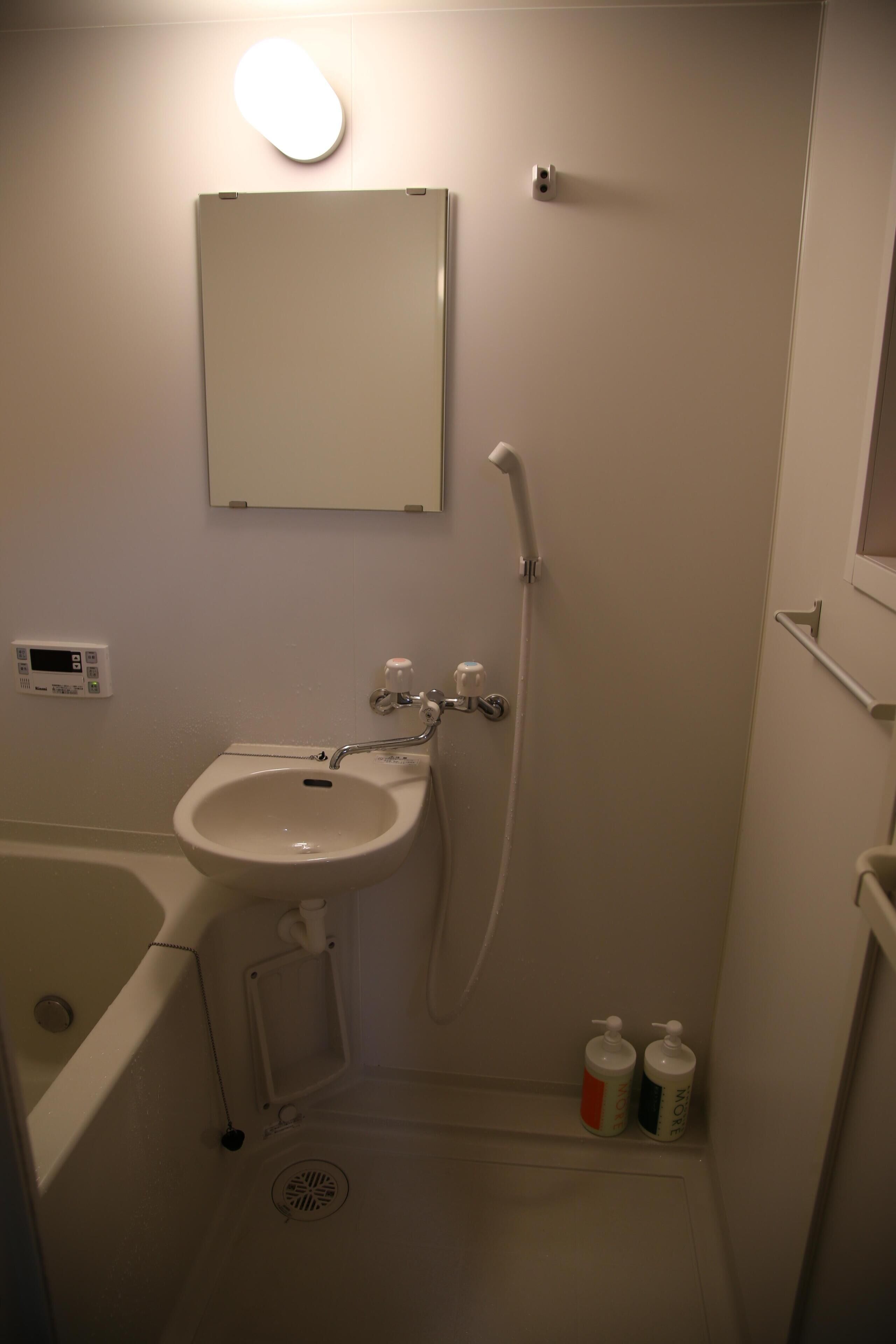 Combined shower/bathtub, hair dryer, towels, soap