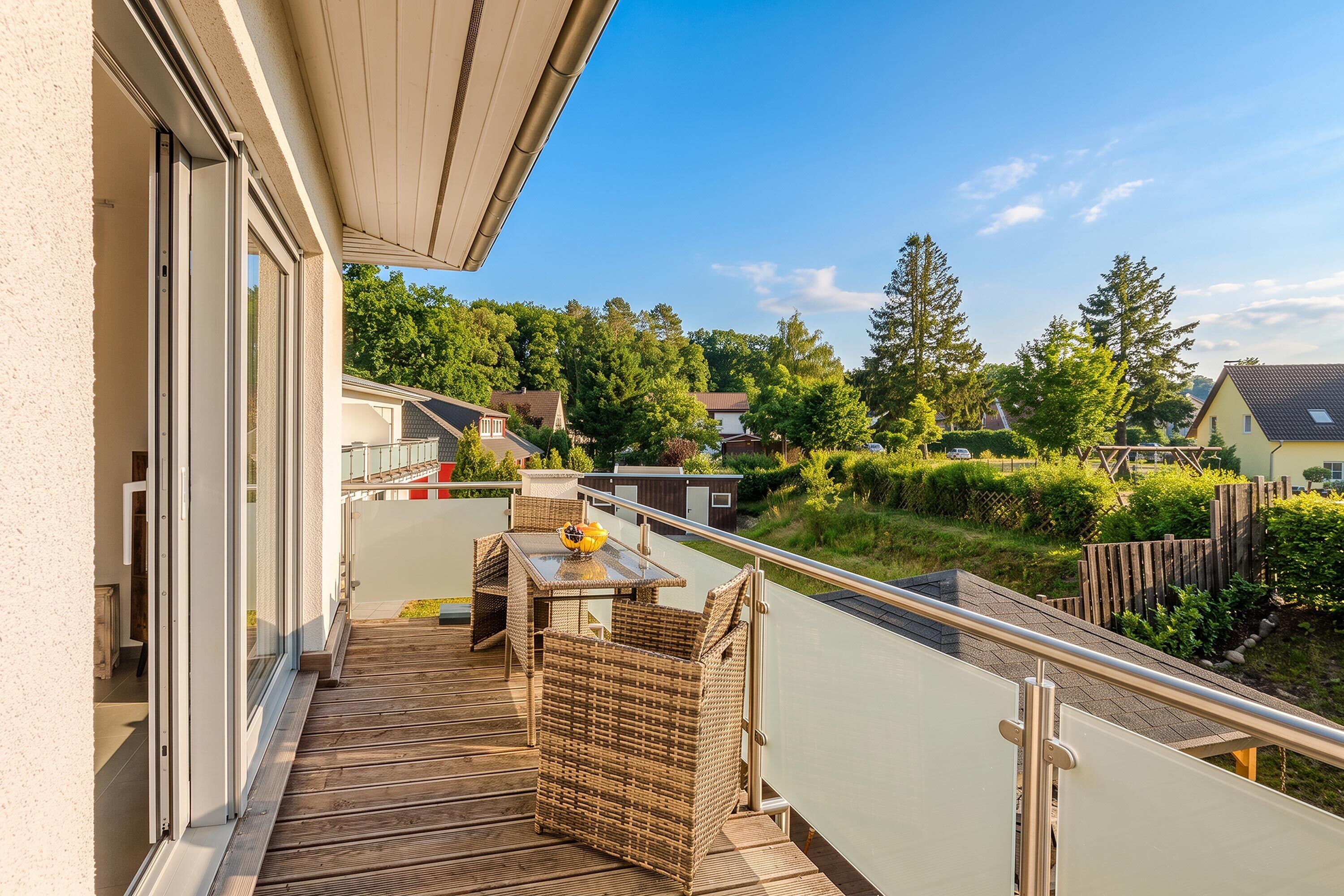 Ein Balkon mit Glastisch und Korbstühlen, der auf einen Wohnbereich mit Häusern und Bäumen blickt.