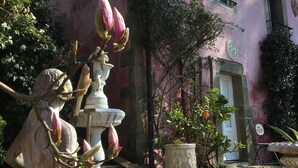 A pink building with a statue of a woman holding a vase, a fountain, and a garden with plants and a chair. - Charming country house in a quiet location with fantastic views and pool (Aramo)