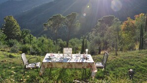 An outdoor dining table set up on a grassy hill with a scenic mountain backdrop. - Charming country house in a quiet location with fantastic views and pool (Aramo)