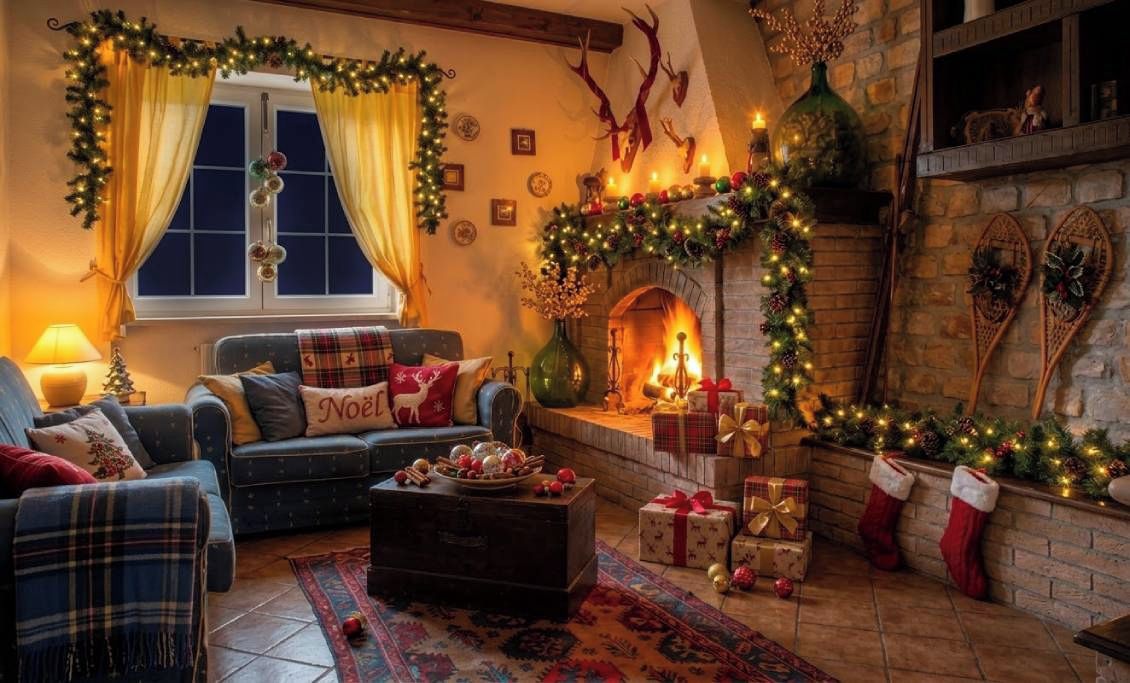 Un accogliente soggiorno con camino, decorazioni festive e un divano a quadri.