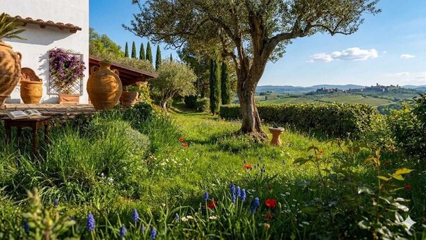 A garden with a tree, potted plants, and a view of rolling hills. - Sarkeep - Villa Immersed in the vineyards of Taurasi (Luogosano (Avellino))