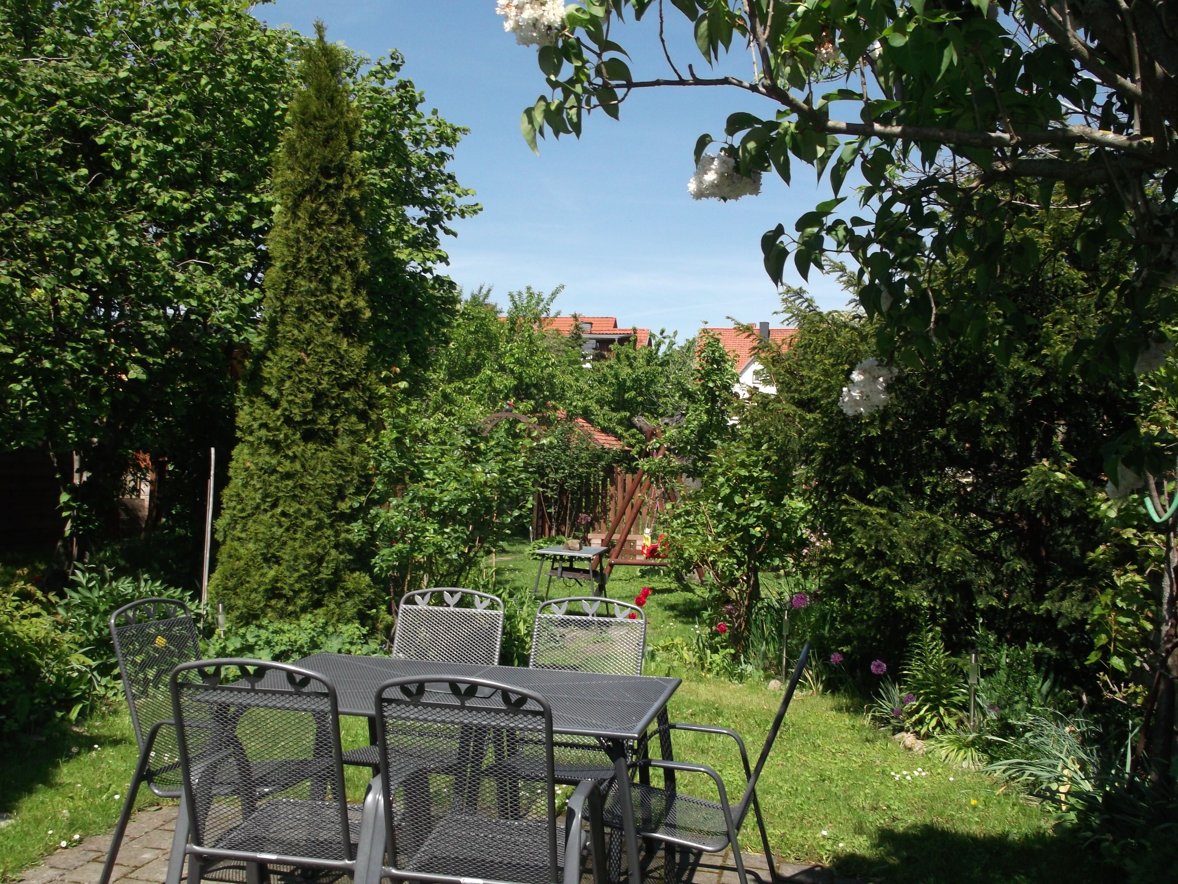 An outdoor seating area with metal chairs and tables, surrounded by lush greenery and trees.