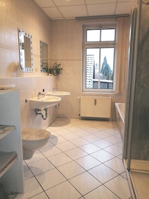 Bathtub, hair dryer, towels, soap