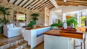 Amplia sala de estar con pared de piedra, vigas de madera en el techo, un sofá blanco, mesa de centro de madera y diversas plantas en macetas.