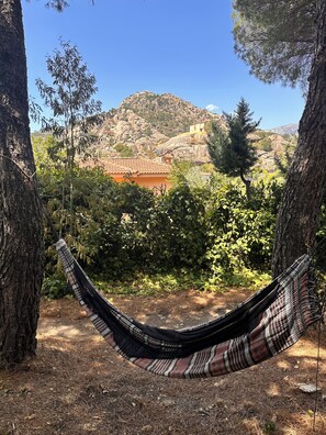 A hammock between trees with a view of a mountainous landscape and a building with a red roof.