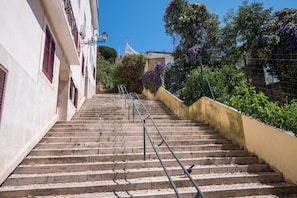 Steps lead to a charming building with a white facade and red shutters.