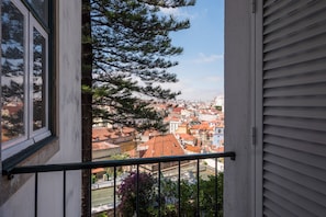 Enjoy a city view from this balcony with a clear view of surrounding buildings and red-tiled roofs.
