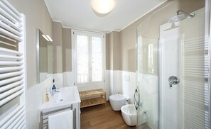 Shower, hair dryer, bidet, towels