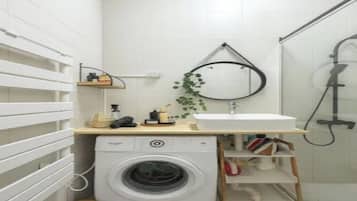 Hair dryer, towels, toilet paper