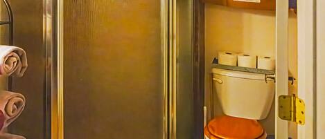 A bathroom with a shower enclosure, toilet, and a small shelf with toiletries.