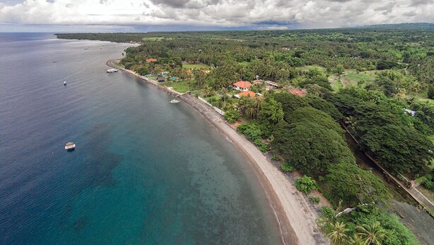 Luftaufnahme einer Küstenlandschaft mit Strand, Booten und dichtem Wald.