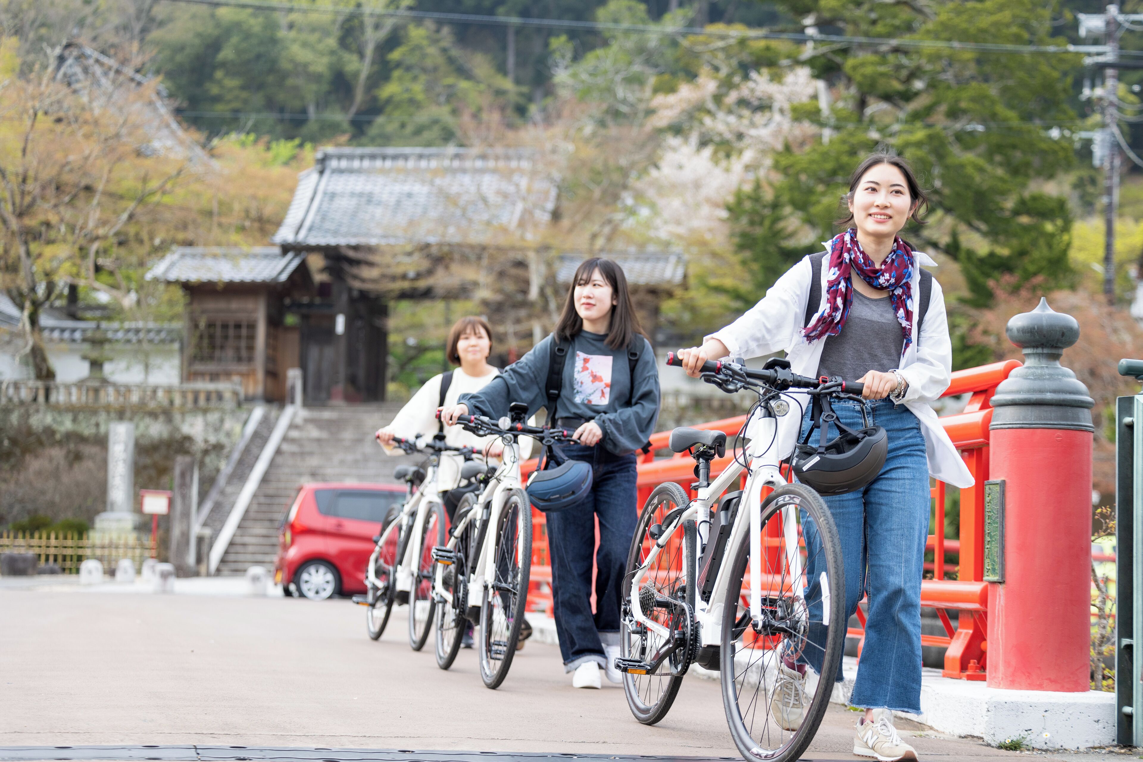 A row of bicycles parked along a pathway with a traditional building in the background.