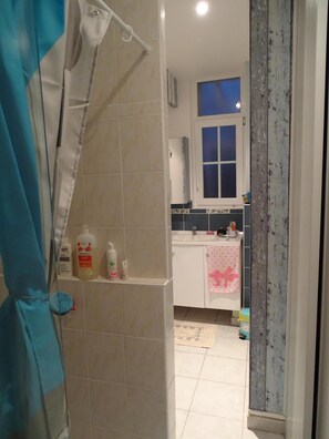 Shower, hair dryer, towels, toilet paper