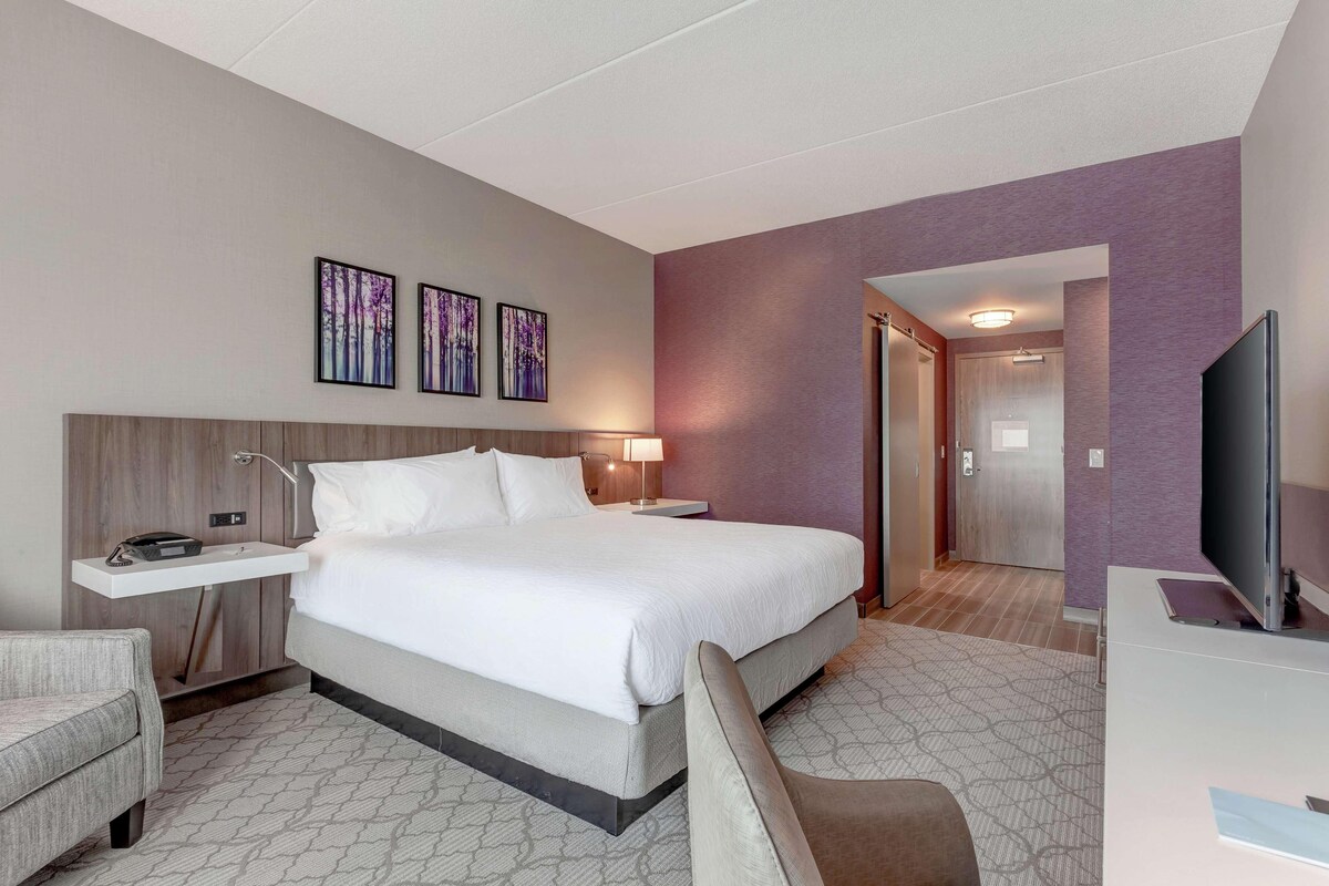 A hotel room with a large bed, bedside tables, a TV, and artwork on the wall.