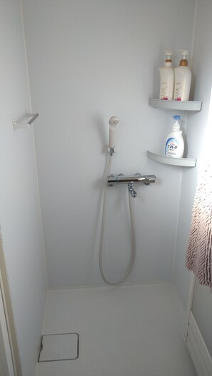 Hair dryer, towels, soap, shampoo