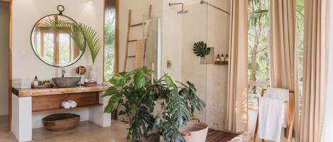 Eco-friendly toiletries, hair dryer, towels, soap