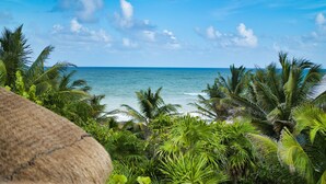 Une plage tropicale bordée de palmiers, avec vue sur l’océan.