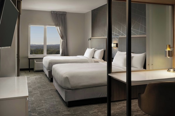 Suite, 2 Queen Beds, Mountain View | Desk, laptop workspace, iron/ironing board, cots/infant beds