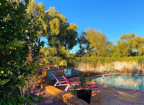 Un patio trasero con piscina, sillas de descanso y plantas en macetas.