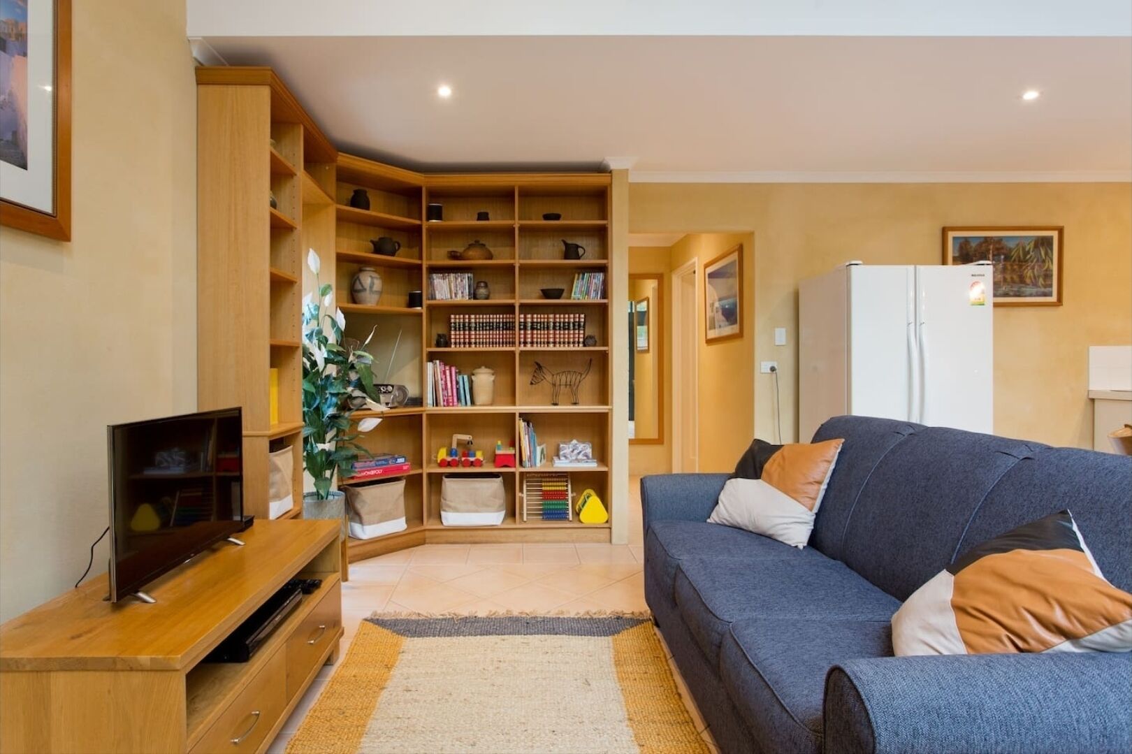 Smart TV, fireplace, DVD player, toys