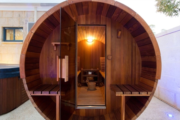 Get a sweat up in the cedar barrel sauna, cool down in the shower.