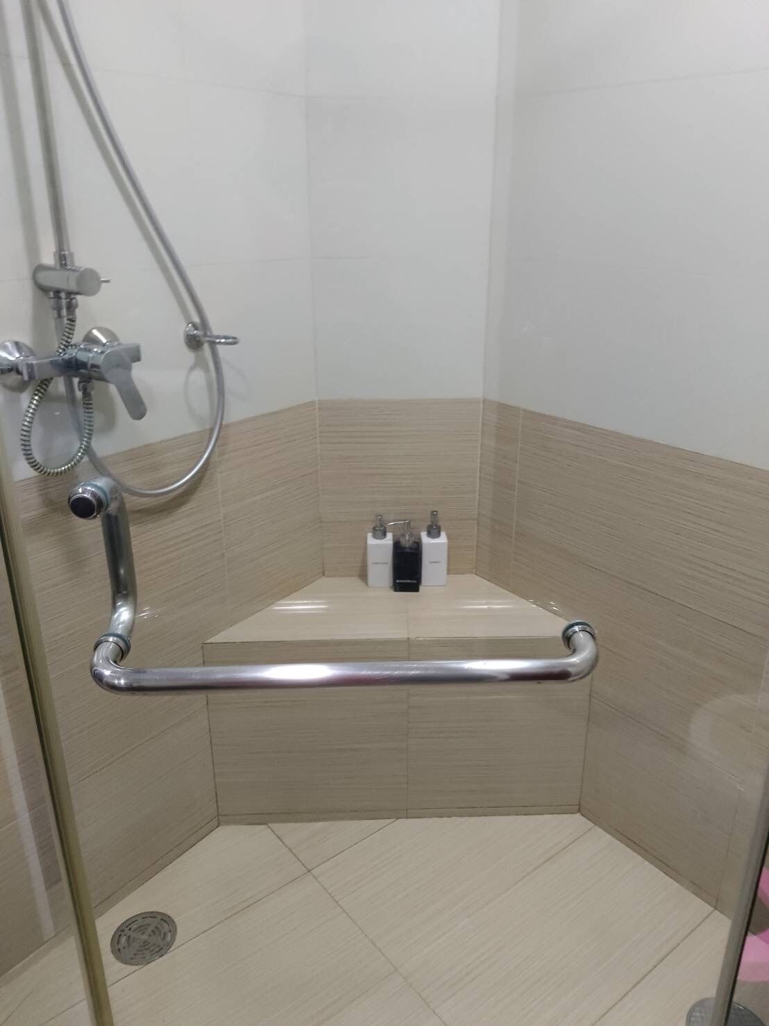 A corner shower with a handrail, a handheld showerhead, and two bottles of shampoo on a shelf.