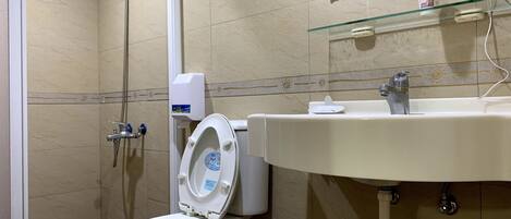 A bathroom with a toilet, a shower, and a sink.