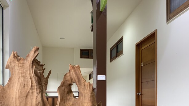 A hallway with a large wooden sculpture, a door, and a light switch on the wall. - Jia's Homestay (Lugu)