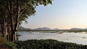 A natural landscape with a body of water, trees, and distant mountains. - Hotel Sisara (Kataragama)