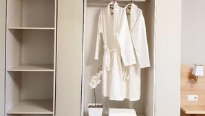 A walk-in closet with open shelves, a robe rack, and a potted orchid. - Sky Hotel (Bishkek)