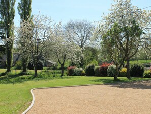 Stroll through the beautifully maintained garden, featuring a variety of flowering trees and shrubs along a winding gravel path.